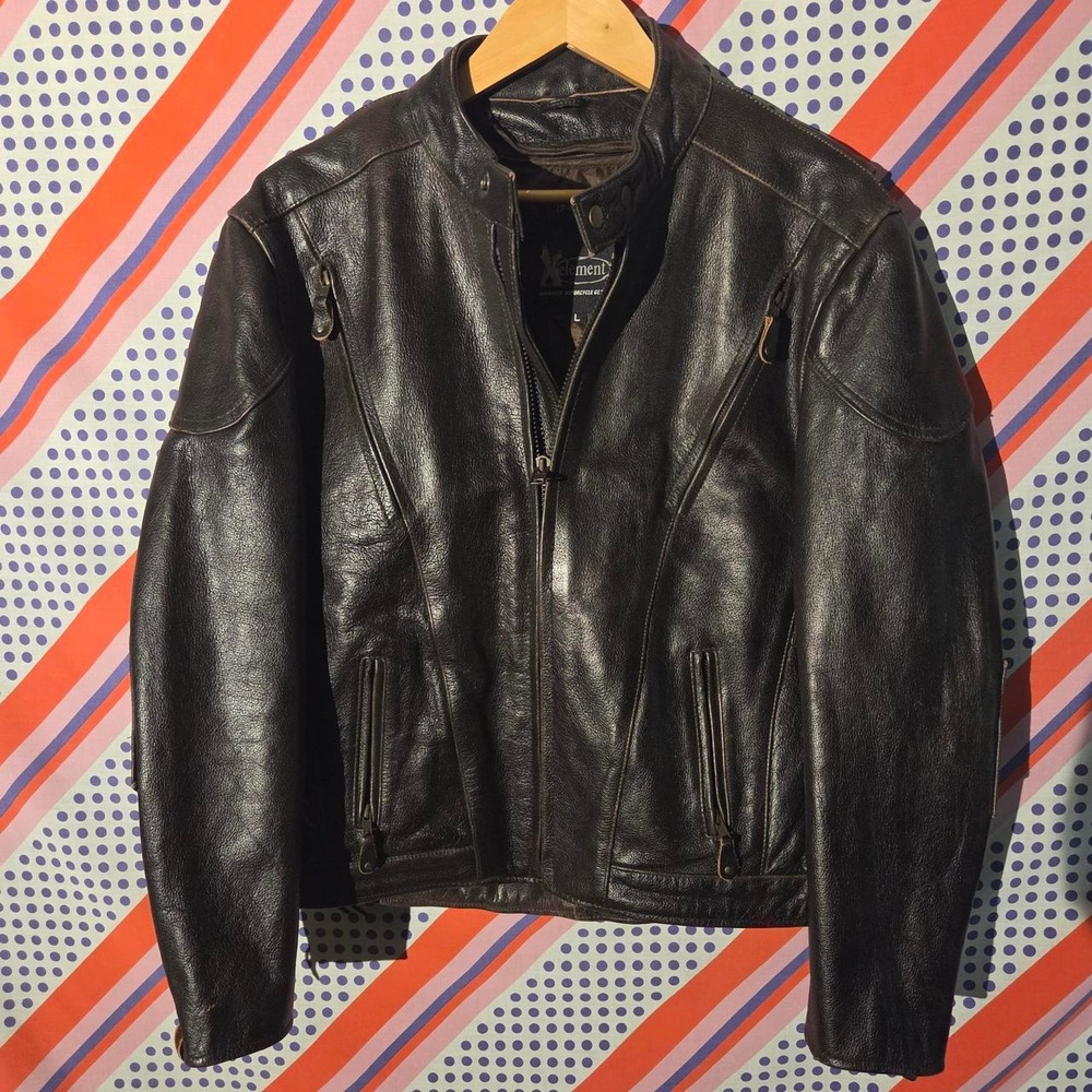 XElement Motorcycle Gear Brown Leather Jacket Mens Large Padded Elbows Vintage